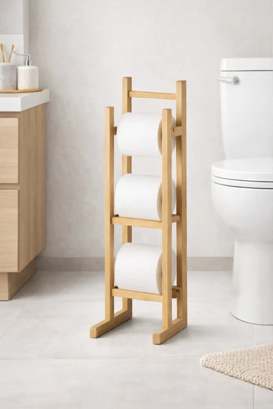 Bambu Ahşap Tuvalet Kağıtlığı Yedekli Ayaklı Ahşap Banyo Aksesuarı Wc Kağıtlık,Peçetelik ürün görseli 1