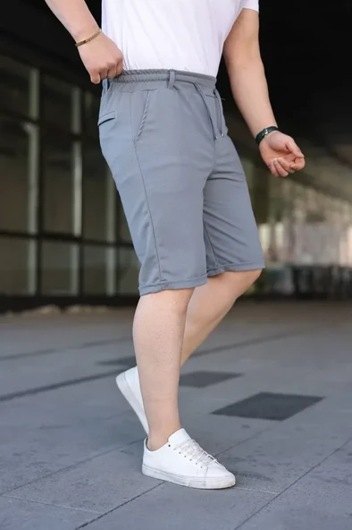Erkek Rahat Kullanım Gri Diagonel Kumaş Duble Paça Cepli Bağcıklı Bel Lastikli ŞORT ürün görseli 1