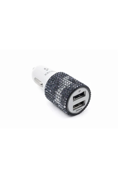 EFEAKS Leopar Beyaz Kristal Taşlı Çift USB Araç Şarj Aleti ürün görseli 1
