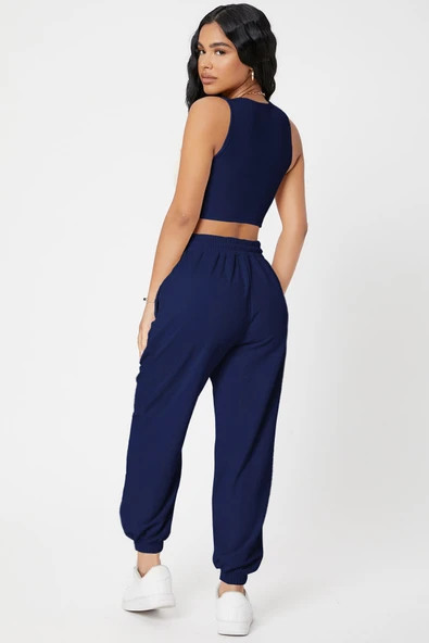 Kadın Rahat Kullanım Lacivert Kaşkorse Cepli Jogger ve Crop Top Bluz Eşofman Altı ürün görseli 1