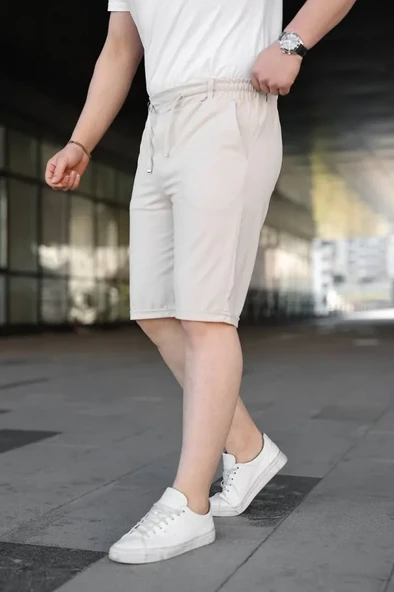 Erkek Rahat Kullanım Krem Diagonel Kumaş Duble Paça Cepli Bağcıklı Bel Lastikli ŞORT ürün görseli 1