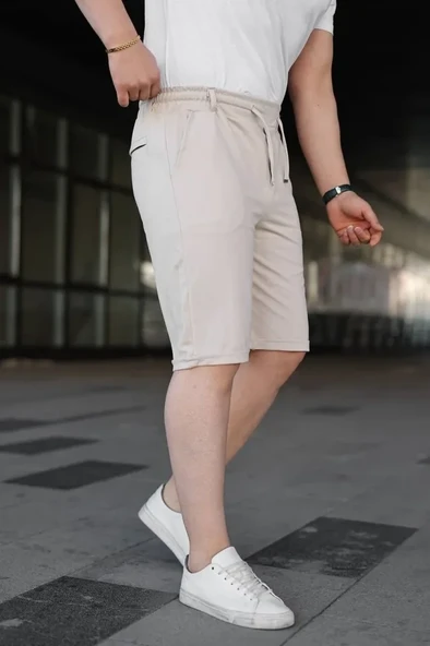 Erkek Rahat Kullanım Krem Diagonel Kumaş Duble Paça Cepli Bağcıklı Bel Lastikli ŞORT ürün görseli 1