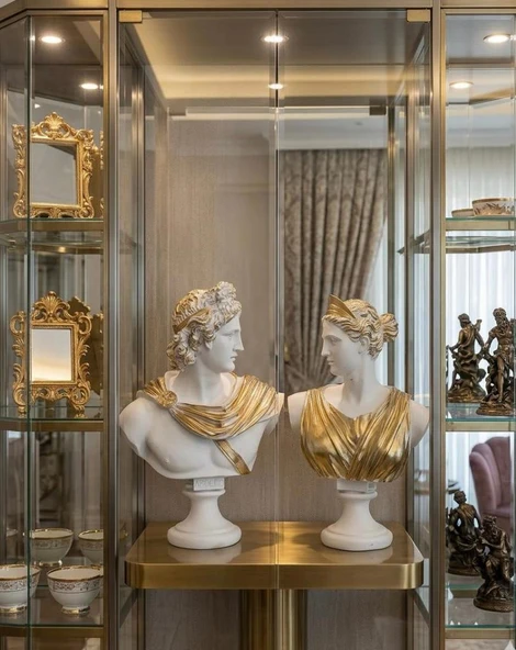 Dekoratif Apollo Diana Büst Biblo – Antik Yunan Heykel Tarzı, Biblo Gold Detaylı Lüks Salon Konsol Süs Objesi ( polyester) ürün görseli 1