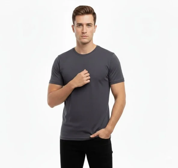 Erkek Füme Bisiklet Yaka Slim Fit Dar Kesim Likralı Günlük Basic Body Tişört ürün görseli 1