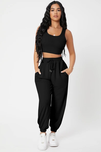 Kadın Siyah Kaşkorse Cepli Jogger Eşofman Altı ve Crop Top Bluz ürün görseli 1