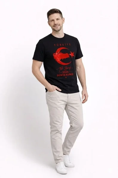 Erkek TÜRKİYE Ay Yıldız Baskılı Taraftar Forma T-Shirt - Siyah ürün görseli 1