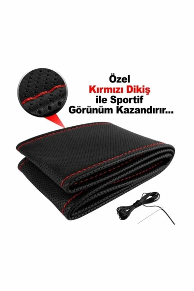 EFEAKS Deri Direksiyon Kılıfı Sarmalı Dikmeli Kırmızı Dikişli Kokusuz Kılıf ürün görseli 1