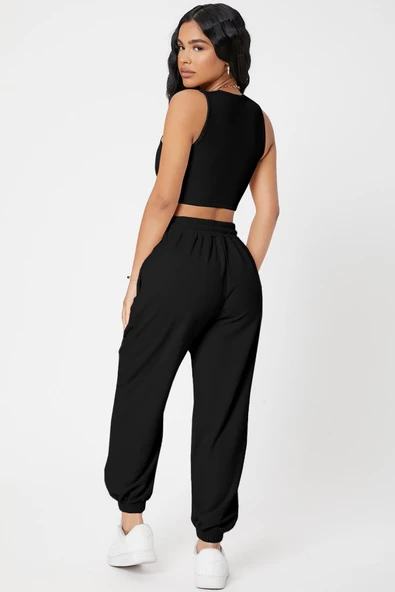 Kadın Siyah Kaşkorse Cepli Jogger Eşofman Altı ve Crop Top Bluz ürün görseli 1