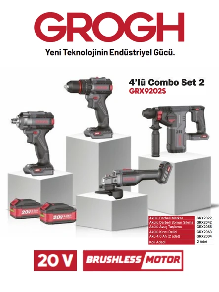 4lü Combo Akülü Şarjlı Matkap Taşlama Seti 20V 4Ah Set 2(BRUSHLESS MOTOR)(GRX9202S) Siyah Gri DARBELİ 1 SET ürün görseli 1
