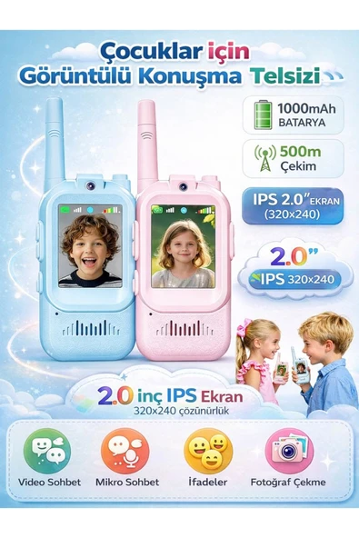 Akıllı Kameralı Çocuk Telsizi Videolu Görüşme 1000 mAh Şarjlı 2.0” Renkli LCD Ekran Walkie Talkie ürün görseli 1