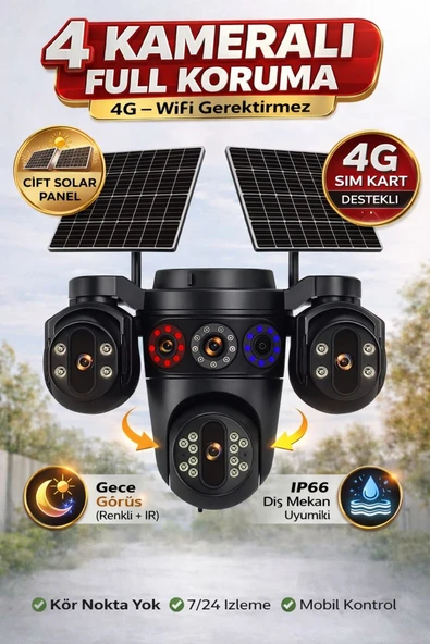 EsVision 7020 4 Kameralı 4G Çift Solar Panel 16X Zoom Dual Batarya HiEasy AOV (Sürekli Kayıt) Gece Görüş Çift Yönlü Ses  Akıllı Kamera ürün görseli 1