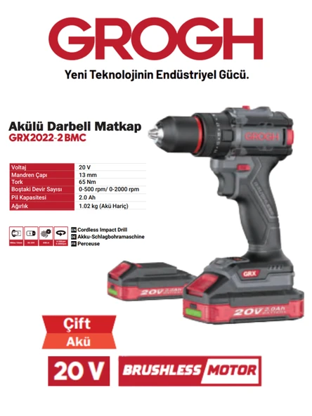 Akülü Şarjlı Matkap 20V 2Ah Darbeli Delme Vidalama Matkap(BRUSHLESS MOTOR)(GRX2022-2 BMC) Siyah Gri DARBELİ 1 SET ürün görseli 1