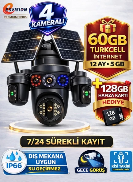 EsVision 7020 128GB 4 Kameralı 4G Çift Solar Panel 16X Zoom Dual Batarya HiEasy AOV (Sürekli Kayıt) Gece Görüş Çift Yönlü Ses  Akıllı Kamera 1 Yıl İnternet ürün görseli 1