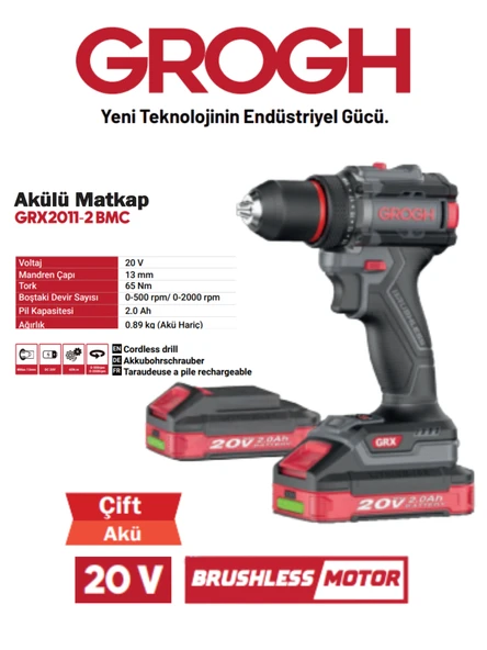 Akülü Şarjlı Matkap 20V 2Ah Darbesiz Delme Vidalama Matkap(BRUSHLESS MOTOR)(GRX2011-2 BMC) Siyah Gri DARBESİZ 1 SET ürün görseli 1