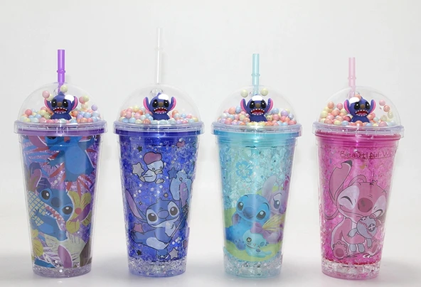 Sevimli Stitch Işıklı Pipetli Pullu Suluk Bardak 400 ml ürün görseli 1