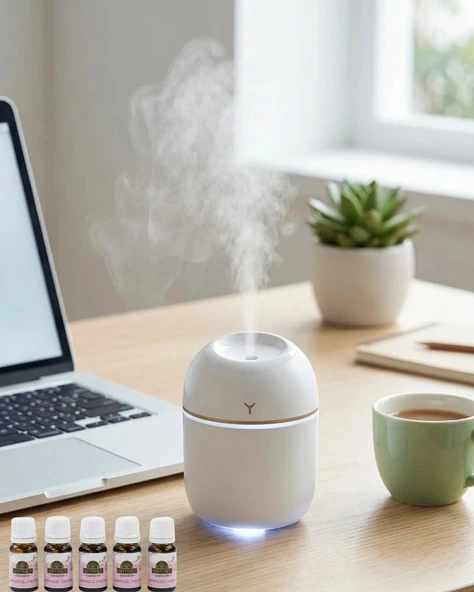 Mini Hava Nemlendirici USB Bağlantılı LED Işıklı 5 Esans Hediyeli Aromaterapi Difüzörü ürün görseli 1