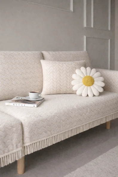 Sheri Home Ashely Çok Amaçlı Kaymaz Koltuk Örtüsü – Pamuklu Örme, 180x300 cm | Kol ve Sırt KorumaEkru ürün görseli 1