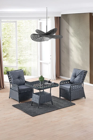 Evdemo Duru 2 Kişilik Rattan Bahçe Balkon Mutfak Masa Takımı Antrasit ürün görseli 1