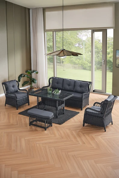 Evdemo Paris Rattan Puflu Bahçe Balkon Takımı 3+1+1 Cam Masalı Antrasit ürün görseli 1