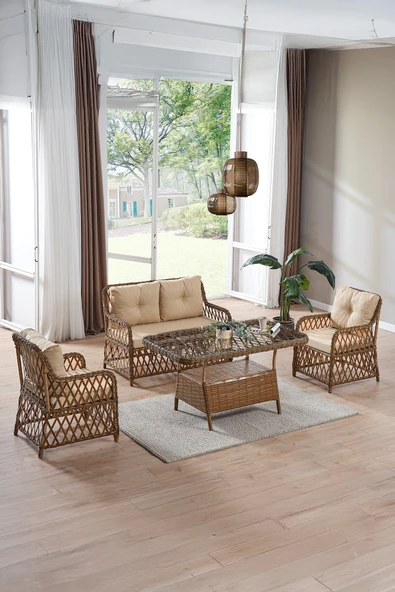 Evdemo Roma Rattan Bahçe Balkon Takımı 2+1+1 Cam Masalı Kahve ürün görseli 1