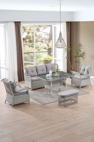 Evdemo Paris Rattan Puflu Bahçe Balkon Takımı 3+1+1 Cam Masalı Gri ürün görseli 1