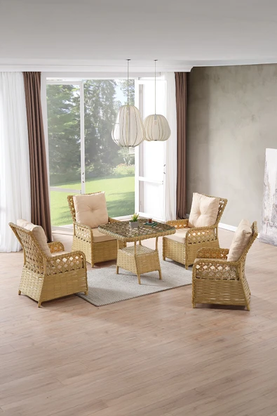 Evdemo Duru 4 Kişilik Rattan Bahçe Balkon Mutfak Masa Takımı Cappuccino ürün görseli 1