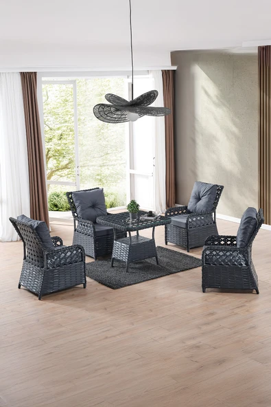 Evdemo Duru 4 Kişilik Rattan Bahçe Balkon Mutfak Masa Takımı Antrasit ürün görseli 1
