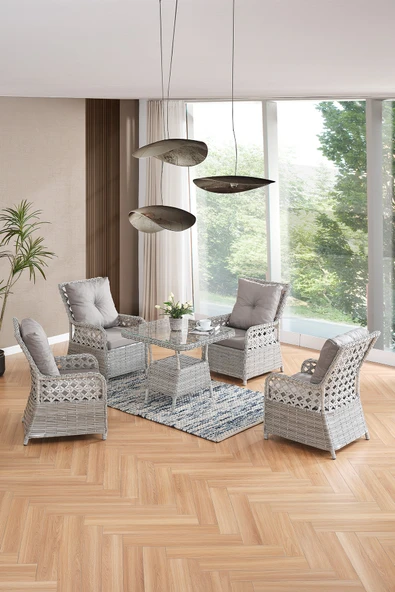 Evdemo Duru 4 Kişilik Rattan Bahçe Balkon Mutfak Masa Takımı Gri ürün görseli 1