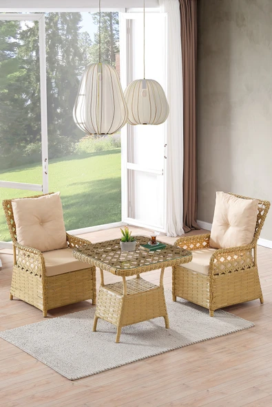 Evdemo Duru 2 Kişilik Rattan Bahçe Balkon Mutfak Masa Takımı Cappuccino ürün görseli 1