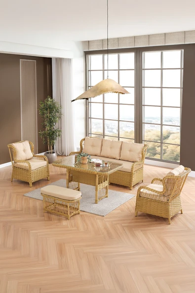 Evdemo Paris Rattan Puflu Bahçe Balkon Takımı 3+1+1 Cam Masalı Cappuccino ürün görseli 1