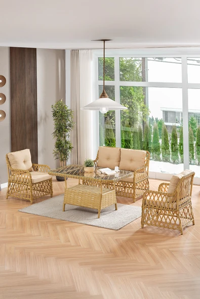 Evdemo Roma Rattan Bahçe Balkon Takımı 2+1+1 Cam Masalı Cappuccino ürün görseli 1