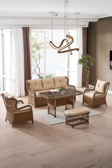 Evdemo Paris Rattan Puflu Bahçe Balkon Takımı 3+1+1 Cam Masalı Kahve ürün görseli 1