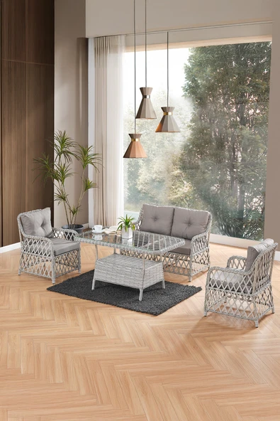 Evdemo Roma Rattan Bahçe Balkon Takımı 2+1+1 Cam Masalı Gri ürün görseli 1