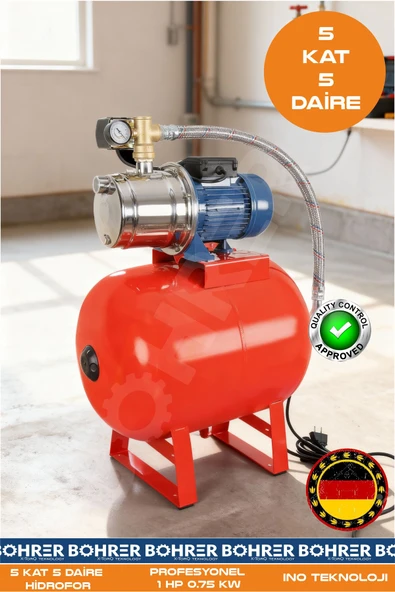BÖHRER JET750SC PASLANMAZ GÖVDELİ BAKIR SARGILI 1 HP 0.75KW 50L GENLEŞME TANKLI HİDROFOR POMPA - 4 KAT 4 DA ürün görseli 1