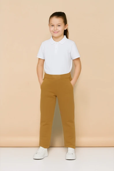 LUMİNUR Ribana Bel Penye Bej Okul Pantolonu Kız Erkek ürün görseli 1