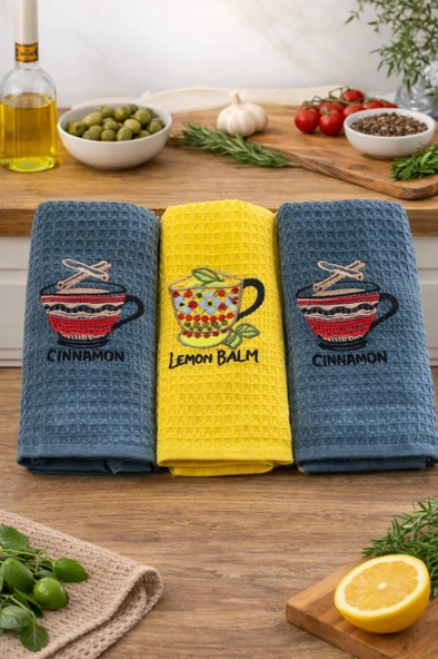 3’lü Nakışlı Waffle Mutfak Havlusu 40x60 cm ürün görseli 1