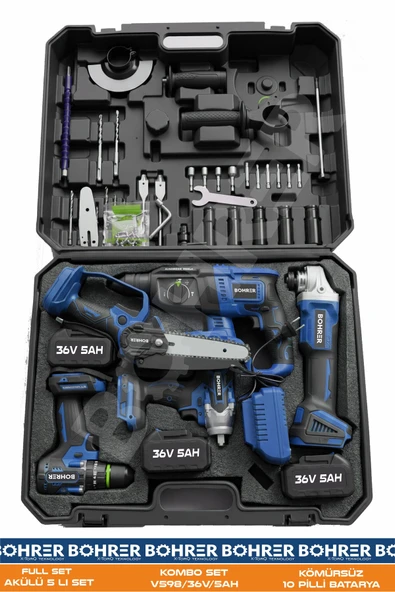 BÖHRER AKÜLÜ 3 BATARYALI BA011238 5 Lİ SET TAŞLAMA+VİDALAMA+HİLTİ+SOMUN+TESTERE ürün görseli 1
