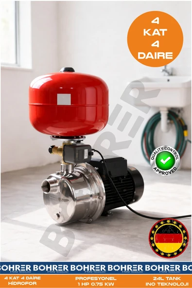 BÖHRER JET750SC PASLANMAZ GÖVDELİ BAKIR SARGILI 1 HP 0.75KW 24L İTALYAN TANKLI HİDROFOR POMPA - 4 KAT 4 DAİ ürün görseli 1
