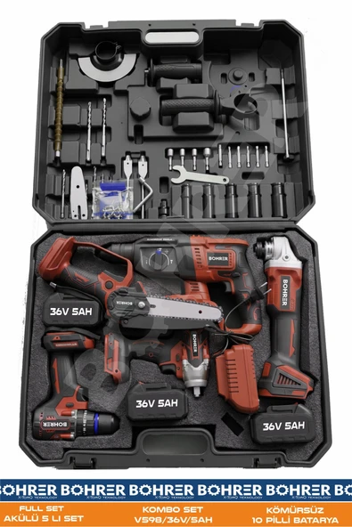 BÖHRER AKÜLÜ 3 BATARYALI BA011239 5 Lİ SET TAŞLAMA+VİDALAMA+HİLTİ+SOMUN+TESTERE ürün görseli 1