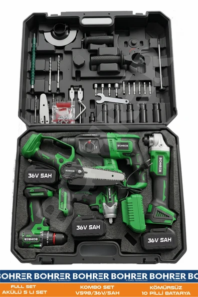 BÖHRER AKÜLÜ 3 BATARYALI BA011237 5 Lİ SET TAŞLAMA+VİDALAMA+HİLTİ+SOMUN+TESTERE ürün görseli 1