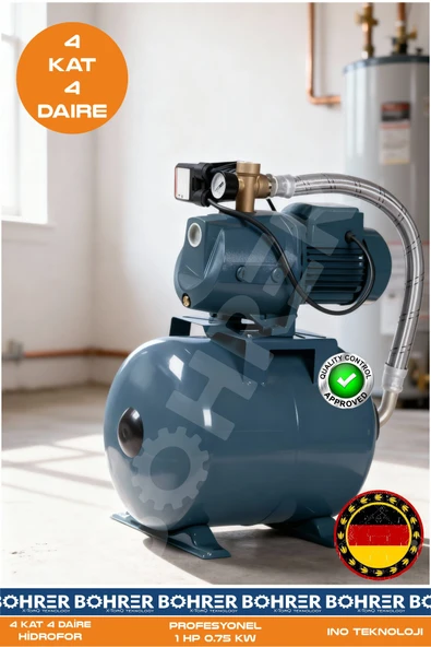 BÖHRER JET100 DÖKÜM GÖVDELİ 1 HP 0.75KW 24L YATAY GENLEŞME TANKLI BAHÇE BİNA HİDROFOR POMPA - 3 KAT 3 DAİR ürün görseli 1