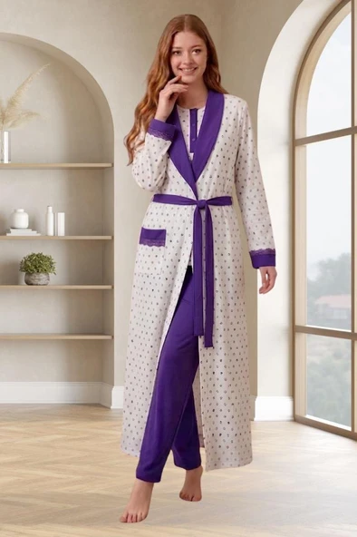 Mecit 6358 Mor Kadın Uzun Sabahlıklı Pijama Takımı ürün görseli 1