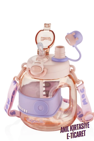 Vagonlife Tek Kapak Çift Kullanım Pipetli rahat Içim 1000 ml Boyun Askılı Çocuk Su Matarası ürün görseli 1