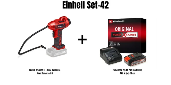 Einhell Set-42 (Einhell CE-CC 18 Li - Solo, Akülü Oto Hava Kompresörü+Einhell 18V 2,5 Ah PXC Starter Kit, Akü & Şarj Cihazı) ürün görseli 1