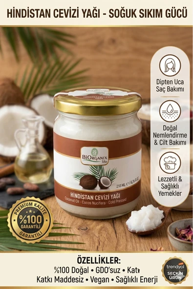 BİORGANİX Life Hindistan Cevizi Yağı 210 ml - %100 Doğal Soğuk Sıkım - Saç, Cilt ve Yemeklik ürün görseli 1
