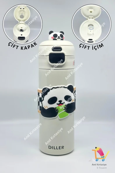 Vagonlife Diller Sevimli Panda Çift Kapaklı Çelik Termos 480ml - Resim 2