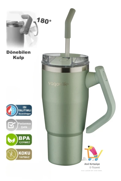 Vagonlife Rotate Handle Tumbler Cup 0.94ML 34oz Pipetli Rahat İçim Vakumlu Paslanmaz Çelik Termos ürün görseli 1