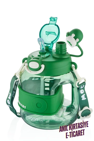 Vagonlife Tek Kapak Çift Kullanım Pipetli rahat Içim 1000 ml Boyun Askılı Çocuk Su Matarası ürün görseli 1