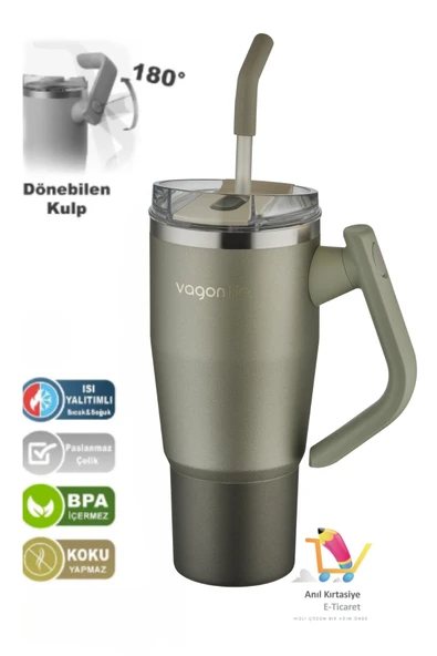 Vagonlife Rotate Handle Tumbler Cup 0.94ML 34oz Pipetli Rahat İçim Vakumlu Paslanmaz Çelik Termos ürün görseli 1