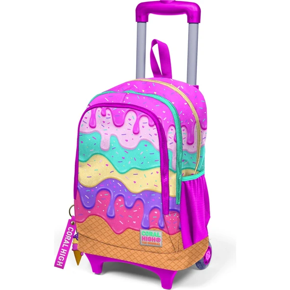 Coral High Kids Pembe Rengarenk Dondurma Desenli Üç Bölmeli Çekçekli Okul Sırt Çantası 23931 ürün görseli 1